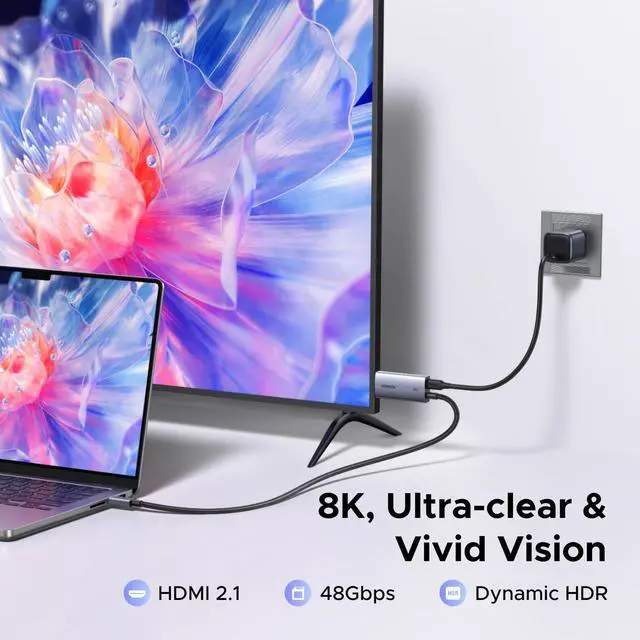Alt view image 2 of 7 - USB C to HDMI Cable with 140W PD Fast Charging Adapter 8K@60Hz 4K@240Hz 2-in-1 Thunderbolt Unidirectional Type C to HDMI Compatible with iPhone, SteamDeck, MacBook, iPad, Galaxy S26, XPS, 6.6FT