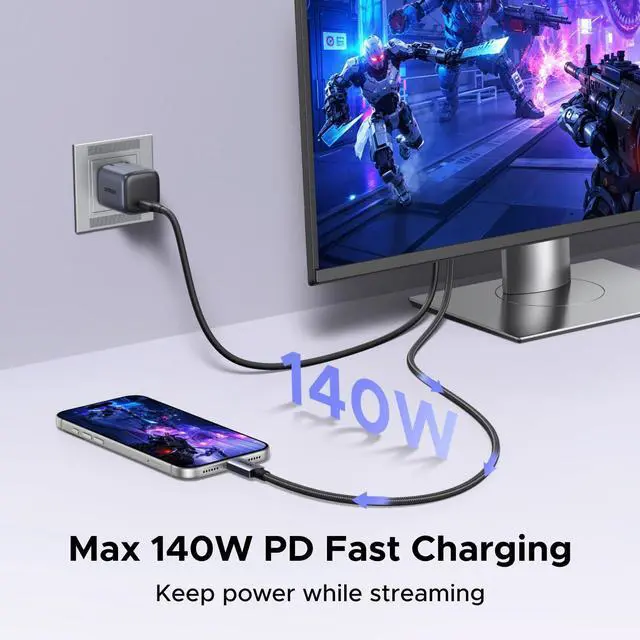 Alt view image 4 of 7 - USB C to HDMI Cable with 140W PD Fast Charging Adapter 8K@60Hz 4K@240Hz 2-in-1 Thunderbolt Unidirectional Type C to HDMI Compatible with iPhone, SteamDeck, MacBook, iPad, Galaxy S26, XPS, 6.6FT