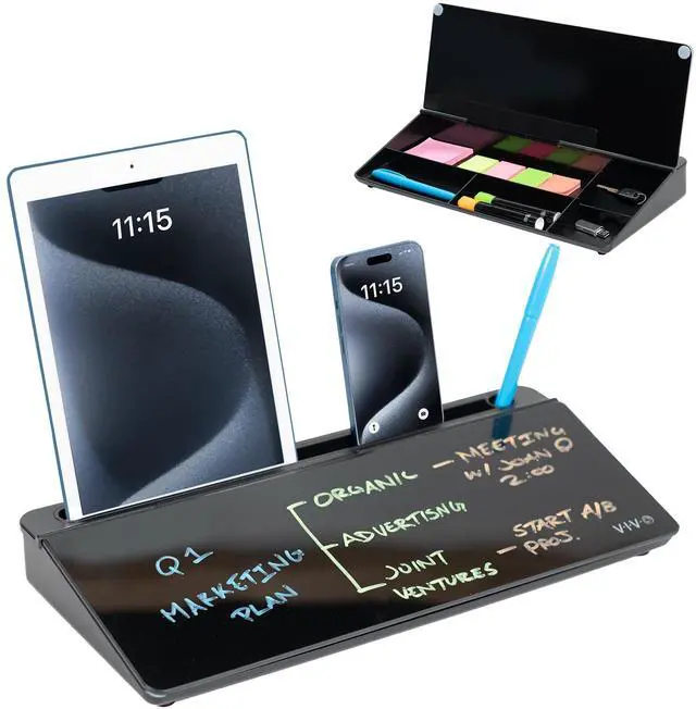 Main image of Glass 16 x 7 inch Dry Erase Board with Storage, Desktop Whiteboard Organizer with Hidden Compartments and Device Slot, Black, DESK-WB16B
