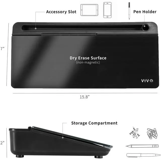 Alt view image 3 of 7 - Glass 16 x 7 inch Dry Erase Board with Storage, Desktop Whiteboard Organizer with Hidden Compartments and Device Slot, Black, DESK-WB16B
