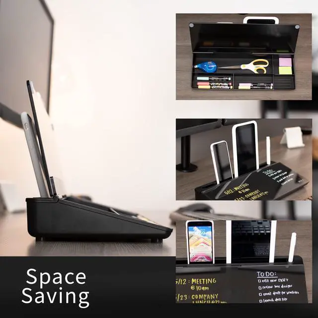 Alt view image 6 of 7 - Glass 16 x 7 inch Dry Erase Board with Storage, Desktop Whiteboard Organizer with Hidden Compartments and Device Slot, Black, DESK-WB16B