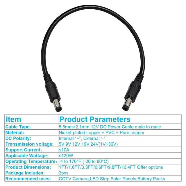 Alt view image 5 of 5 - 5.5mm x 2.1mm 12V DC Power Cable 3-Pack,DC5521 Male to Male Extension Cable 18AWG for CCTV Surveillance Camera,LED Strip Light Dimmer,Solar Panels,Router,1FT