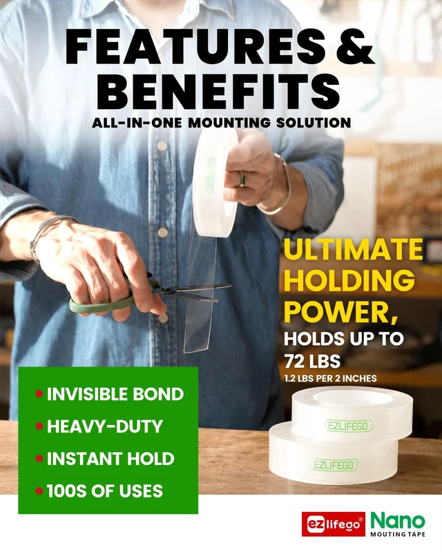 Alt view image 2 of 7 - Heavy Duty Invisible Bond Nano Double Sided Mounting Tape, 2-Pack 396 inch Extra-Large, Nano-Tech, Holds up to 72lbs, All-Purpose, Instant Hold, Industrial-Strength, Indoor & Outdoor Decor