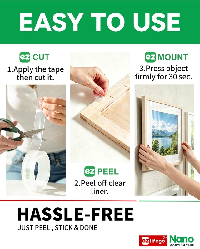 Alt view image 6 of 7 - Heavy Duty Invisible Bond Nano Double Sided Mounting Tape, 2-Pack 396 inch Extra-Large, Nano-Tech, Holds up to 72lbs, All-Purpose, Instant Hold, Industrial-Strength, Indoor & Outdoor Decor