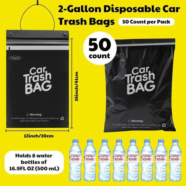 Alt view image 2 of 7 - 50 Bags Hanging Car Trash Bags Disposable, 2 Gallon Car Garbage Bags. Black