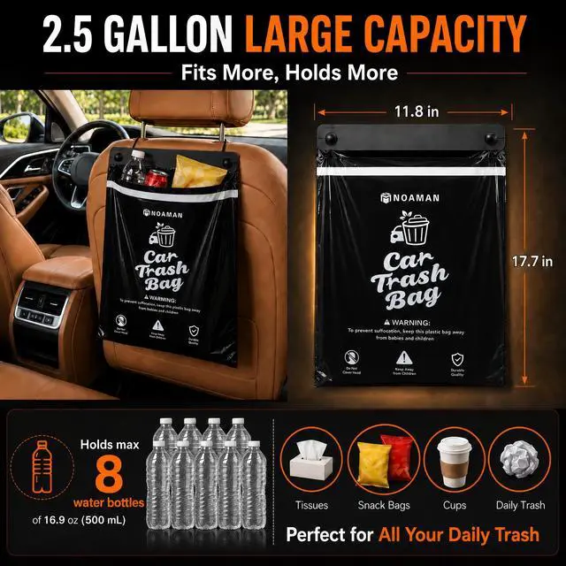 Alt view image 2 of 7 - 50PCS 1 Pack Car Trash Bags, 2.5 Gal Disposable Garbage Bags for Car, SUV, Truck and RV, Leak-Resistant Odor-Control Bags, Stick-On or Headrest Mount, Alternative to Car Trash Can, Black