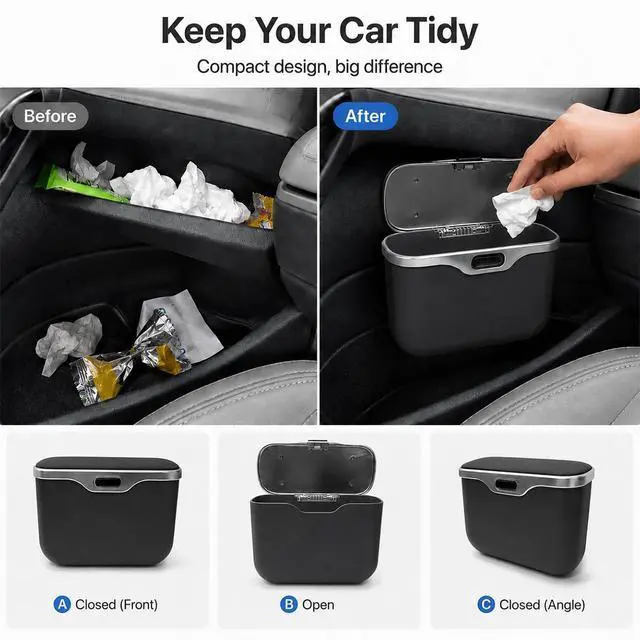Alt view image 4 of 6 - Car Trash Can with Lid, Leakproof Garbage Bin Auto Door Storage Box with Attached Trash Bags, Mini Dustbin Hanging Seatback Storage Organizer for Vehicle Home Office (Black)