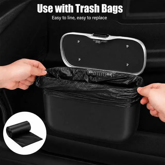 Alt view image 6 of 6 - Car Trash Can with Lid, Leakproof Garbage Bin Auto Door Storage Box with Attached Trash Bags, Mini Dustbin Hanging Seatback Storage Organizer for Vehicle Home Office (Black)