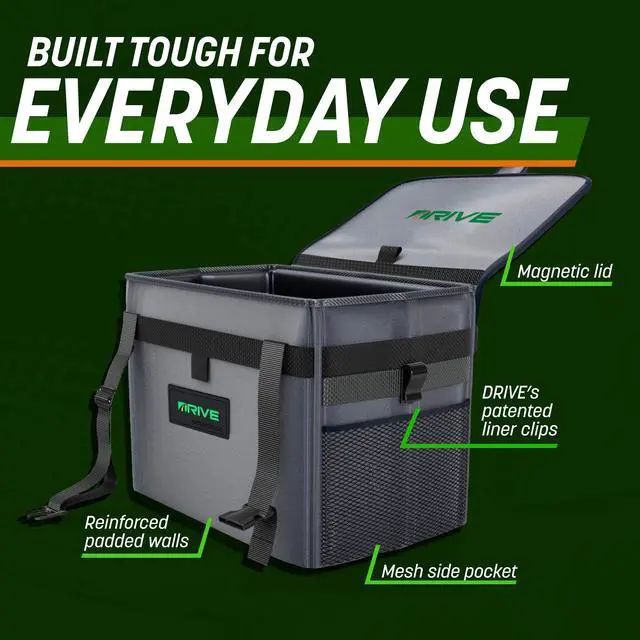 Alt view image 3 of 7 - Drive - Car Trash Can - Collapsible, Leakproof Garbage Bin with Adjustable Strap and 20 Trash Bags - Car & Truck Accessories for Men and Women - Grey with Lid