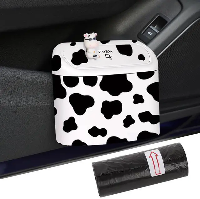 Main image of Car Cow Print Trash Can - White Garbage Organizer Holder with Black Trash Bag Rolls, Cute Automotive Dustbin for Most Cars Interior Accessories (1, White)