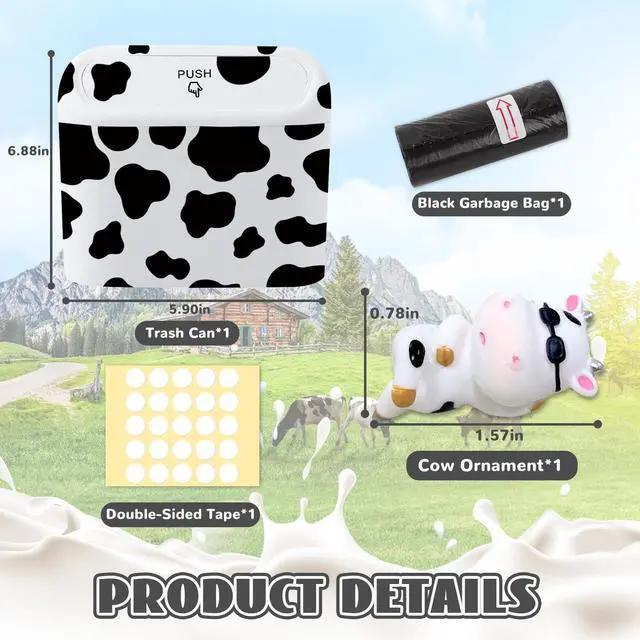 Alt view image 2 of 7 - Car Cow Print Trash Can - White Garbage Organizer Holder with Black Trash Bag Rolls, Cute Automotive Dustbin for Most Cars Interior Accessories (1, White)