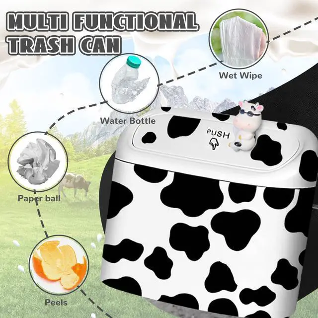 Alt view image 4 of 7 - Car Cow Print Trash Can - White Garbage Organizer Holder with Black Trash Bag Rolls, Cute Automotive Dustbin for Most Cars Interior Accessories (1, White)