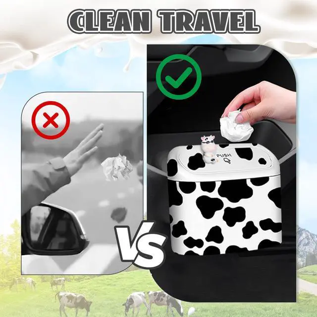 Alt view image 5 of 7 - Car Cow Print Trash Can - White Garbage Organizer Holder with Black Trash Bag Rolls, Cute Automotive Dustbin for Most Cars Interior Accessories (1, White)