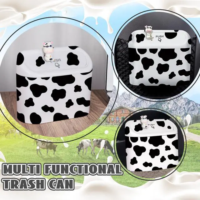 Alt view image 7 of 7 - Car Cow Print Trash Can - White Garbage Organizer Holder with Black Trash Bag Rolls, Cute Automotive Dustbin for Most Cars Interior Accessories (1, White)