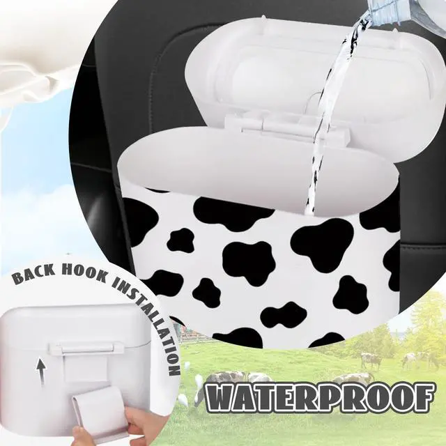 Alt view image 6 of 7 - Car Cow Print Trash Can - White Garbage Organizer Holder with Black Trash Bag Rolls, Cute Automotive Dustbin for Most Cars Interior Accessories (1, White)