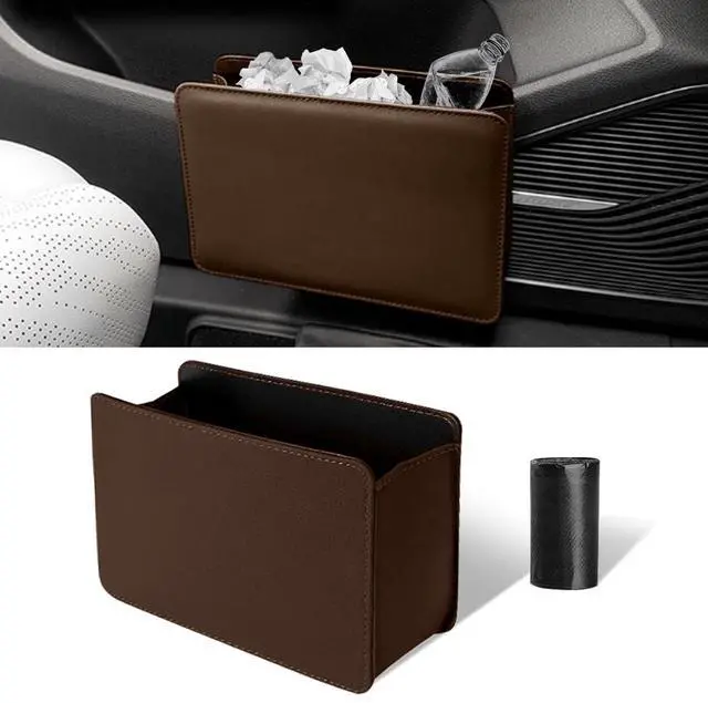Main image of Car Trash Can, Auto Leather Trash Bin Garbage Organizer Holder with One Roll Trash Bag, Mini Foldable Dustbin Storage Bag Container, Multi-Function Trash Box for Car SUV (Brown)
