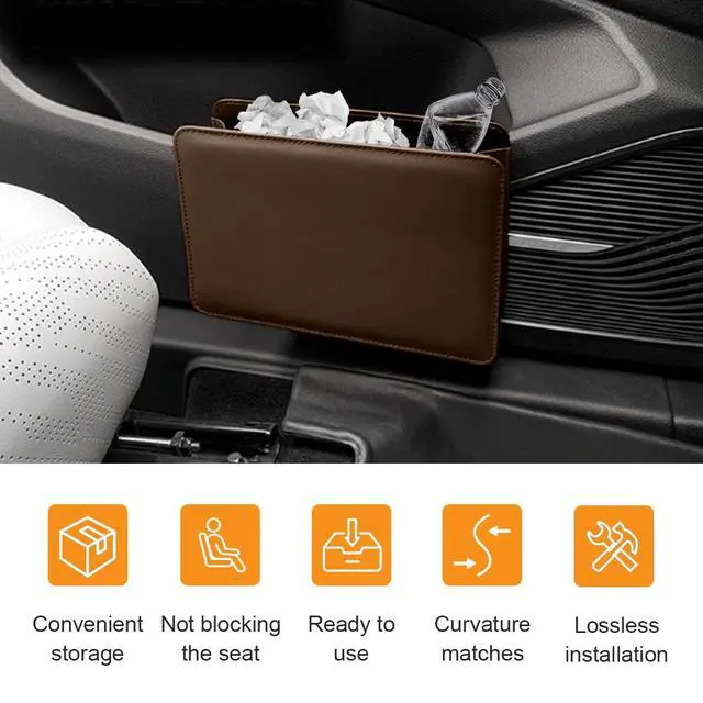 Alt view image 3 of 6 - Car Trash Can, Auto Leather Trash Bin Garbage Organizer Holder with One Roll Trash Bag, Mini Foldable Dustbin Storage Bag Container, Multi-Function Trash Box for Car SUV (Brown)
