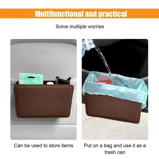 Alt view image 5 of 6 - Car Trash Can, Auto Leather Trash Bin Garbage Organizer Holder with One Roll Trash Bag, Mini Foldable Dustbin Storage Bag Container, Multi-Function Trash Box for Car SUV (Brown)