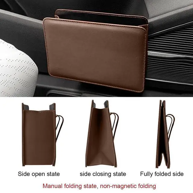 Alt view image 4 of 6 - Car Trash Can, Auto Leather Trash Bin Garbage Organizer Holder with One Roll Trash Bag, Mini Foldable Dustbin Storage Bag Container, Multi-Function Trash Box for Car SUV (Brown)