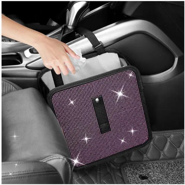 Main image of Bling Car Trash Can with Rhinestone,Foldable Car Garbage Can for in-Vehicle Waste Disposal,Multipurpose Hanging Back Seat Organizer & Decorations Fit for Most Cars Trucks (Pink)