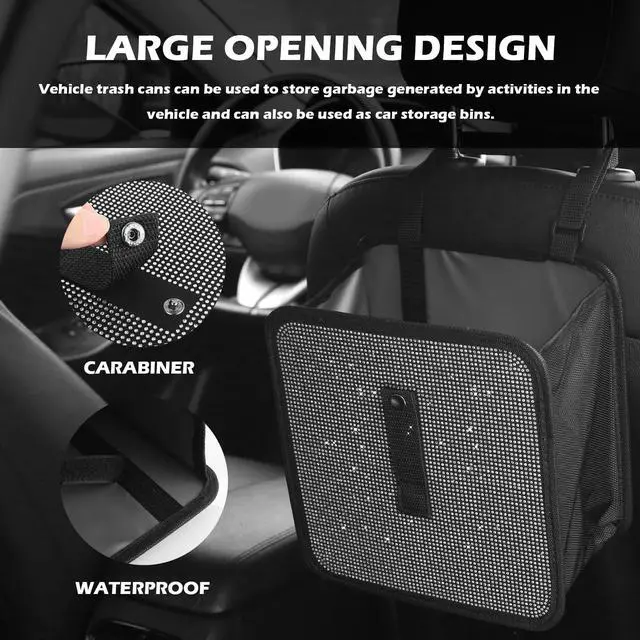 Alt view image 7 of 7 - Bling Car Trash Can with Rhinestone,Foldable Car Garbage Can for in-Vehicle Waste Disposal,Multipurpose Hanging Back Seat Organizer & Decorations Fit for Most Cars Trucks (Pink)