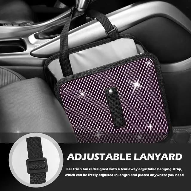 Alt view image 6 of 7 - Bling Car Trash Can with Rhinestone,Foldable Car Garbage Can for in-Vehicle Waste Disposal,Multipurpose Hanging Back Seat Organizer & Decorations Fit for Most Cars Trucks (Pink)