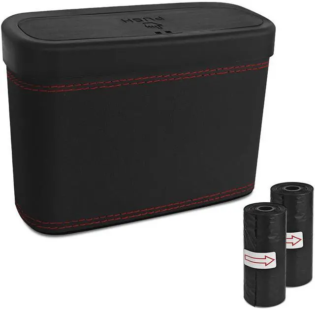 Main image of Car Trash Can with Lid, Car Trash Bin, Leakproof Vehicle Garbage Can with 30PCS Garbage Bags, Waterproof Auto Hanging Dustbin Storage Bag Container Accessories Fit SUV Office Home (Black-1PCS)