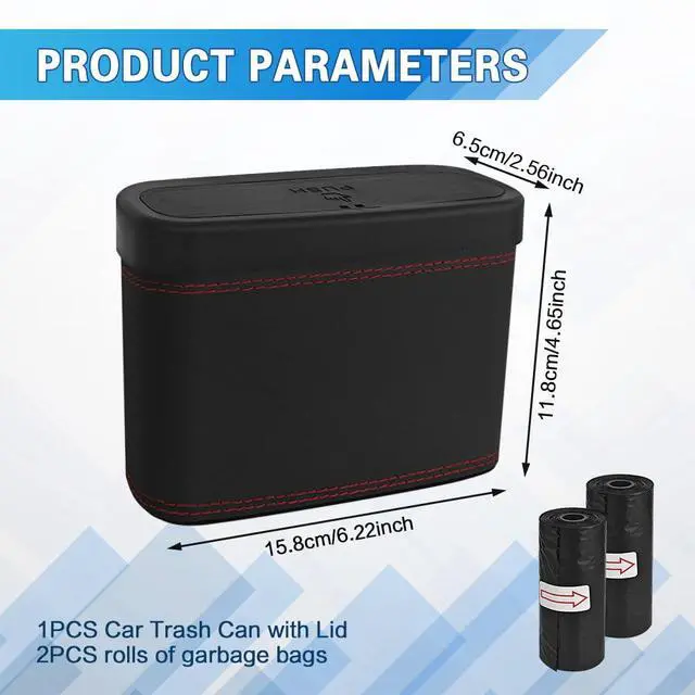 Alt view image 2 of 7 - Car Trash Can with Lid, Car Trash Bin, Leakproof Vehicle Garbage Can with 30PCS Garbage Bags, Waterproof Auto Hanging Dustbin Storage Bag Container Accessories Fit SUV Office Home (Black-1PCS)