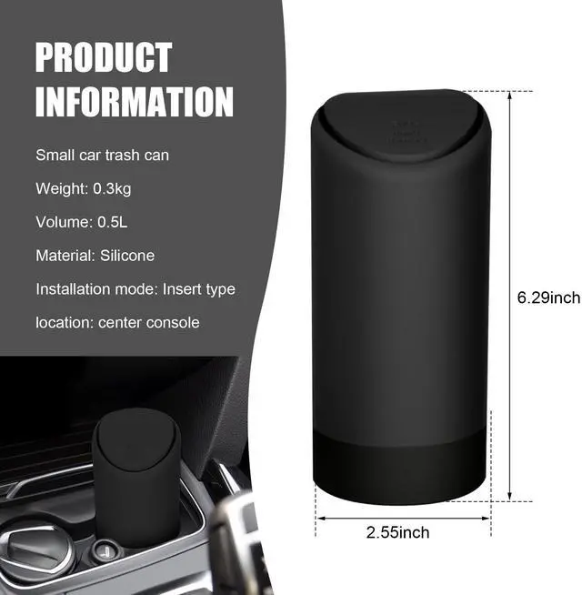 Alt view image 2 of 6 - Car Trash Can with Lid, Soft and Squeezable Silicone Silent Trash Can, Removable and Easy to Clean Multifunctional Storage Box, for Most Cars, Offices and Homes (Black)