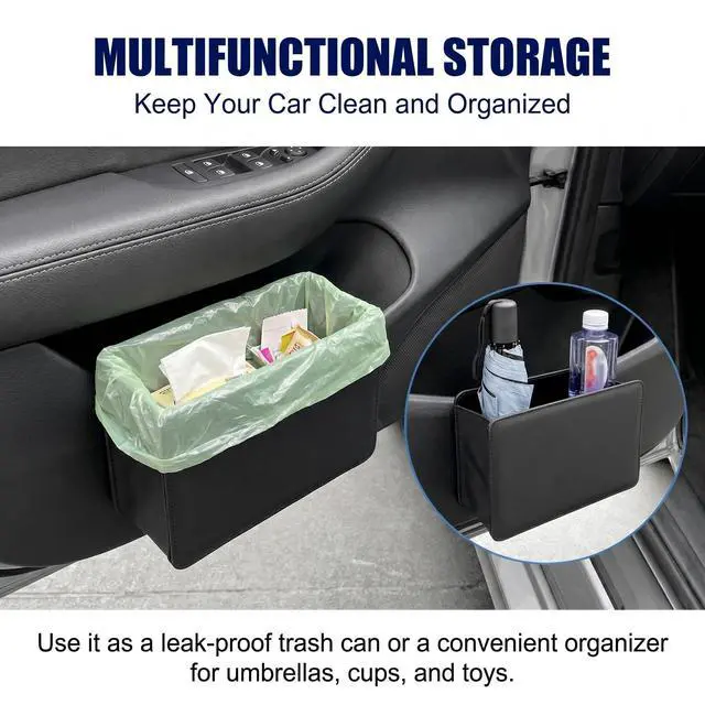 Alt view image 3 of 6 - Car Trash Can, Leather Waterproof Multifunctional Organizer, Foldable Hanging Storage Bin with Metal Back Clip, Interior Accessory for Door & Center Console & Seat Back (Black)