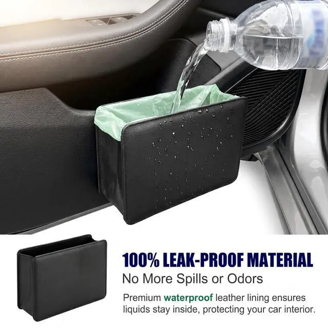 Alt view image 4 of 6 - Car Trash Can, Leather Waterproof Multifunctional Organizer, Foldable Hanging Storage Bin with Metal Back Clip, Interior Accessory for Door & Center Console & Seat Back (Black)