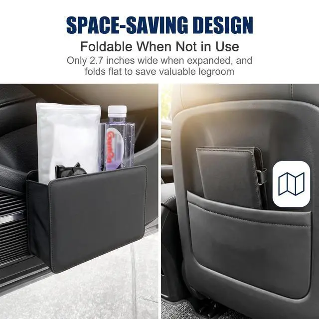Alt view image 5 of 6 - Car Trash Can, Leather Waterproof Multifunctional Organizer, Foldable Hanging Storage Bin with Metal Back Clip, Interior Accessory for Door & Center Console & Seat Back (Black)