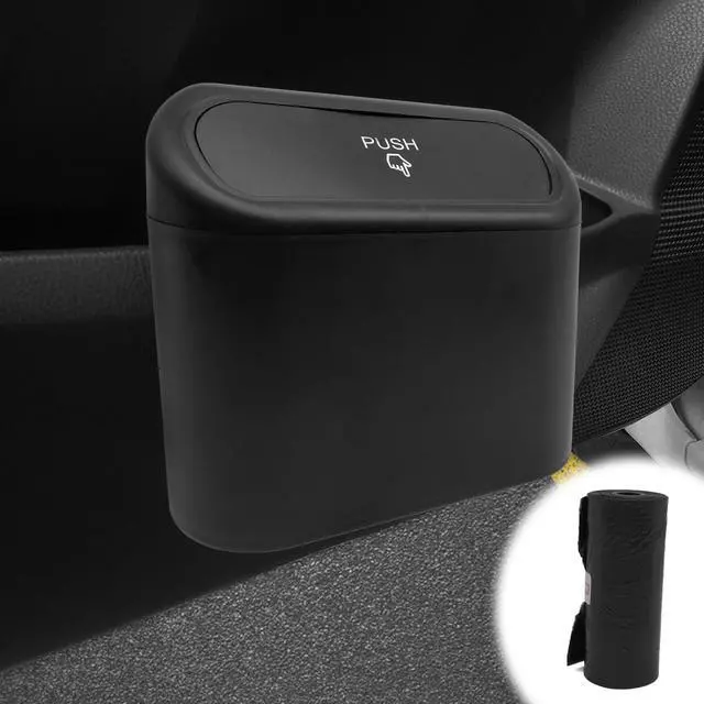 Main image of Car Trash Can with Lid Leakproof Mini Vehicle Trash Bin and One Roll Plastic Trash Bag Automotive Garbage Container Bin for Vehicle Home Office (Black)