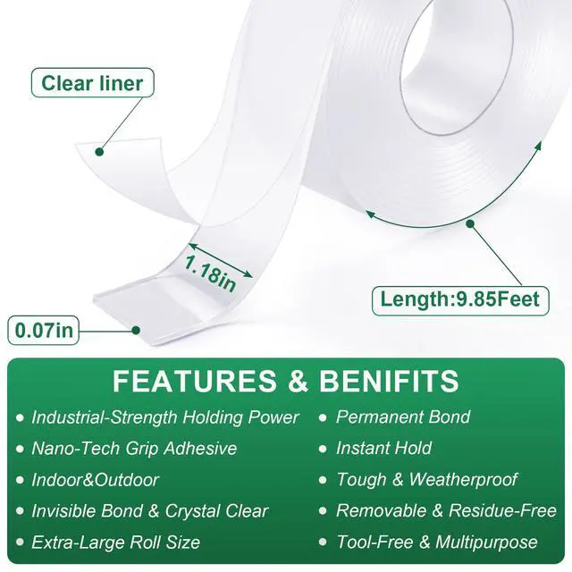 Alt view image 2 of 7 - Double Sided Heavy Duty Nano Mounting Tape 1.18" x 120"2 Rolls,Total 20FT)