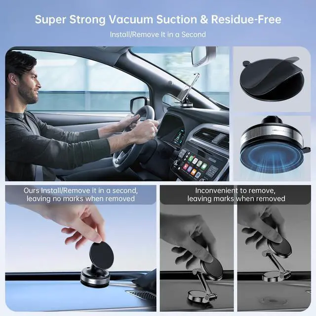 Alt view image 4 of 7 - Vacuum Magnetic Car Phone Holder/Mount/Stand with Ultra Strong Suction Cup, 360°Rotating Gym/Shower Cellphone Holder Fit for MagSafe iPhone 12/13/14/15/16 Pro Max & All Smartphones