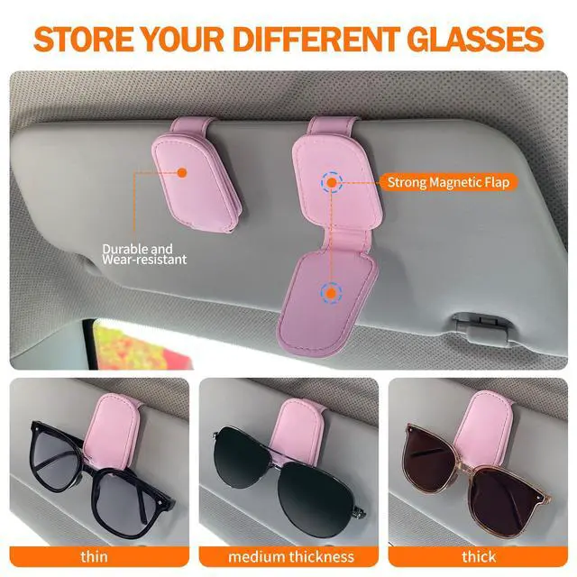 Alt view image 4 of 6 - Sunglasses Holders for Car Visor, Magnetic Leather Glasses Eyeglass Clip for Car, Ticket Card Clip Sunglasses Mount, Car Visor Accessories Gadgets (1, Pink)