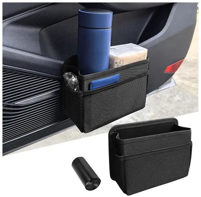 Main image of Car Trash Can, Waterproof Oxford Cloth Vehicle Dustbin Garbage Organizer Holder with One Roll Trash Bag, Foldable Automotive Interior Hanging Storage Box Container, Universal Fit (Black)