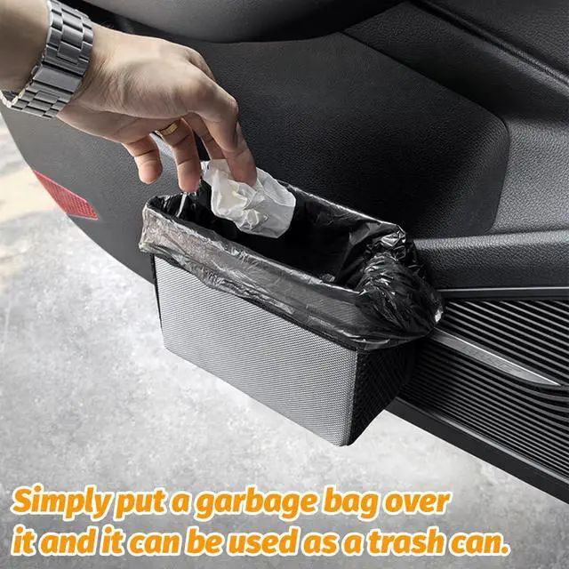 Alt view image 4 of 6 - Car Trash Can, Waterproof Oxford Cloth Vehicle Dustbin Garbage Organizer Holder with One Roll Trash Bag, Foldable Automotive Interior Hanging Storage Box Container, Universal Fit (Black)