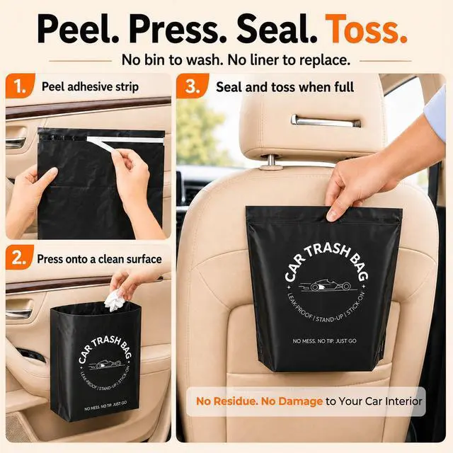 Alt view image 5 of 7 - Disposable Car Trash Bags, Stand-Up & Stick-On Car Trash Can Alternative