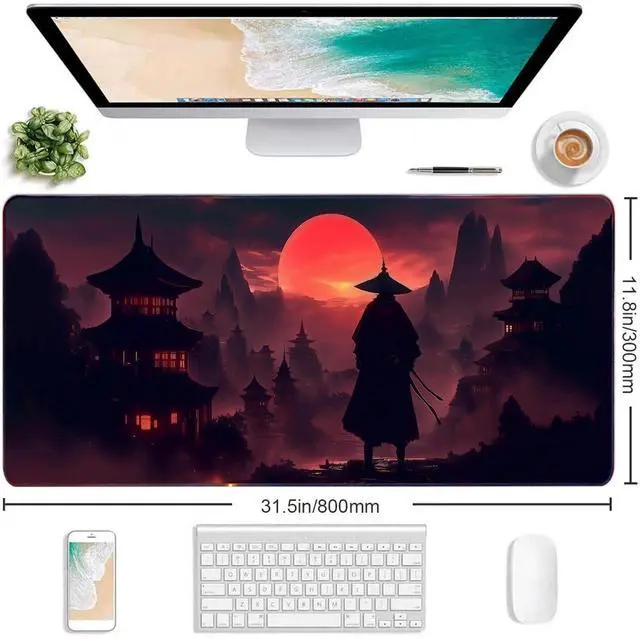 Alt view image 2 of 7 - Moonlight Japanese Samurai Anime Mouse Pad Gaming Mousepad Non-Slip Rubber Base Keyboard Pad Desk Mat for Home Office, 31.5 x 11.8 in