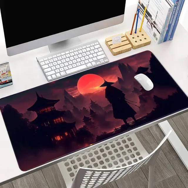 Alt view image 5 of 7 - Moonlight Japanese Samurai Anime Mouse Pad Gaming Mousepad Non-Slip Rubber Base Keyboard Pad Desk Mat for Home Office, 31.5 x 11.8 in