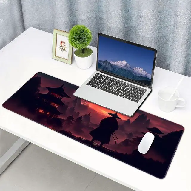 Alt view image 6 of 7 - Moonlight Japanese Samurai Anime Mouse Pad Gaming Mousepad Non-Slip Rubber Base Keyboard Pad Desk Mat for Home Office, 31.5 x 11.8 in