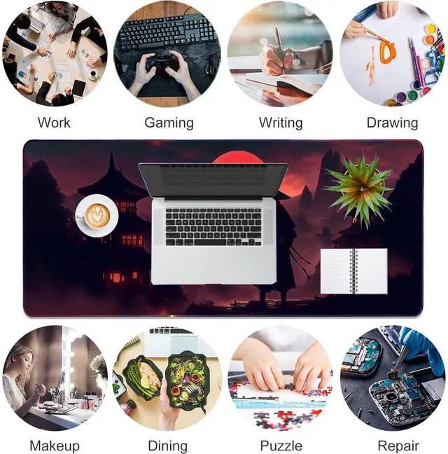 Alt view image 7 of 7 - Moonlight Japanese Samurai Anime Mouse Pad Gaming Mousepad Non-Slip Rubber Base Keyboard Pad Desk Mat for Home Office, 31.5 x 11.8 in