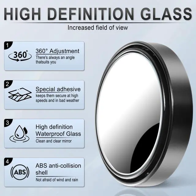 Alt view image 2 of 6 - 2PCS Round Blind Spot Mirror, HD Glass and ABS Housing Convex Wide Angle Rearview Mirror with Adjustable Stick for Universal Car, Black