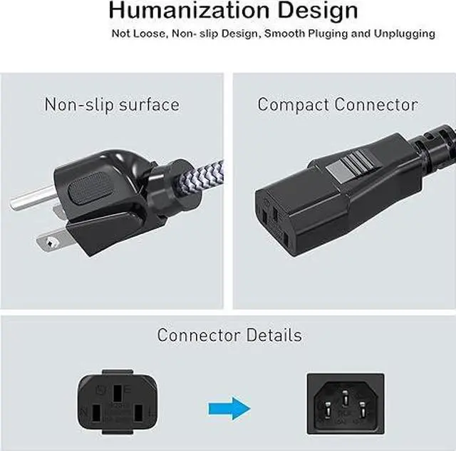 Alt view image 2 of 7 - Power Cord, Goalfish 10A 18AWG AC Power Cable 10FT(3m) Nylon Braided 3 Prong Power Cord Replacement Power Cable UL Certified for Computer, TV, Monitor, Printer, PC, Projector, Power Supply