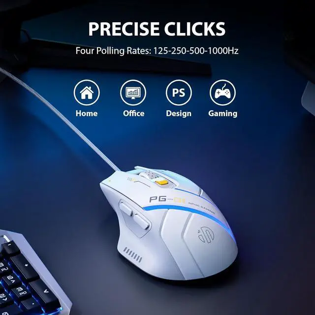 Alt view image 2 of 7 - PG1 Wired Computer Gaming Mouse Ergonomic, 12800 DPI High-Precision, 6 Programmable Buttons, RGB Backlit for Gaming - White Gray