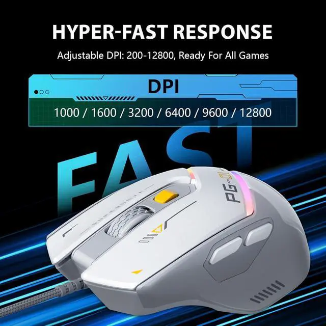 Alt view image 4 of 7 - PG1 Wired Computer Gaming Mouse Ergonomic, 12800 DPI High-Precision, 6 Programmable Buttons, RGB Backlit for Gaming - White Gray
