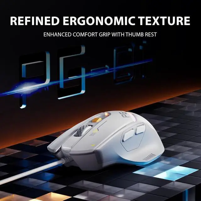 Alt view image 6 of 7 - PG1 Wired Computer Gaming Mouse Ergonomic, 12800 DPI High-Precision, 6 Programmable Buttons, RGB Backlit for Gaming - White Gray