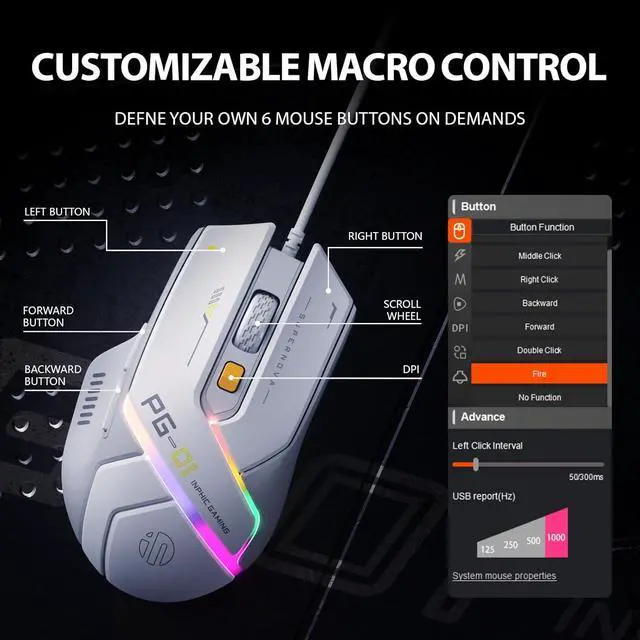 Alt view image 7 of 7 - PG1 Wired Computer Gaming Mouse Ergonomic, 12800 DPI High-Precision, 6 Programmable Buttons, RGB Backlit for Gaming - White Gray