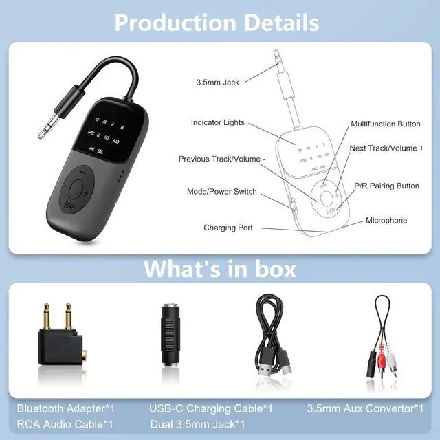 Alt view image 6 of 7 - 5.4 Transmitter Receiver, 2-in-1 Airplane Bluetooth Adapter, Dual Headphones & 24H Battery Life for TV, Airplane, Car, Tablets, Wireless TV Headpset, Compatible with AirPods & aptX